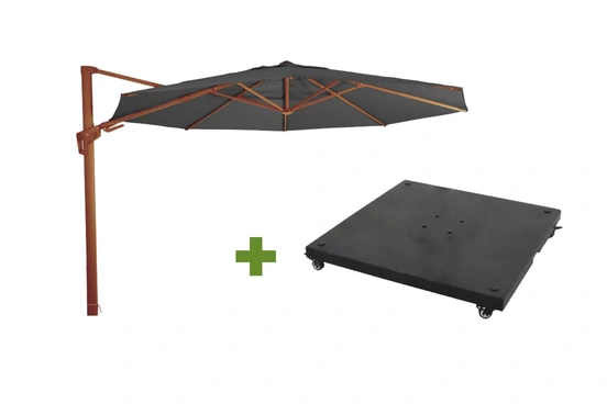 Grote Zweefparasol VirgoFlex Houtlook Grijs 3,5m met verrijdbare 90kg voet, Lesli Living, Tuinmeubels