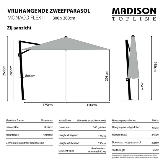 Monaco flex II 300x300 cm Sage Groen met Kruisvoet en Parasolvoettegels - Informatie, Lesli Living, Tuinmeubels