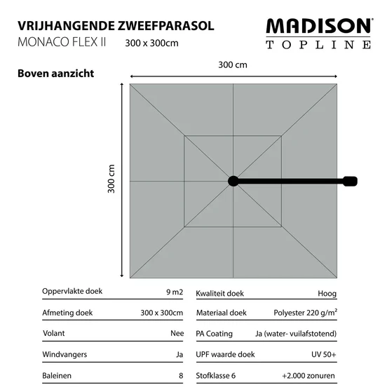 Monaco flex II 300x300 cm Sage Groen met Kruisvoet en Parasolvoettegels - Informatie 2, Lesli Living, Tuinmeubels