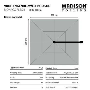 Monaco flex II 300x300 cm Sage Groen met Kruisvoet en Parasolvoettegels - Informatie 2, Lesli Living, Tuinmeubels