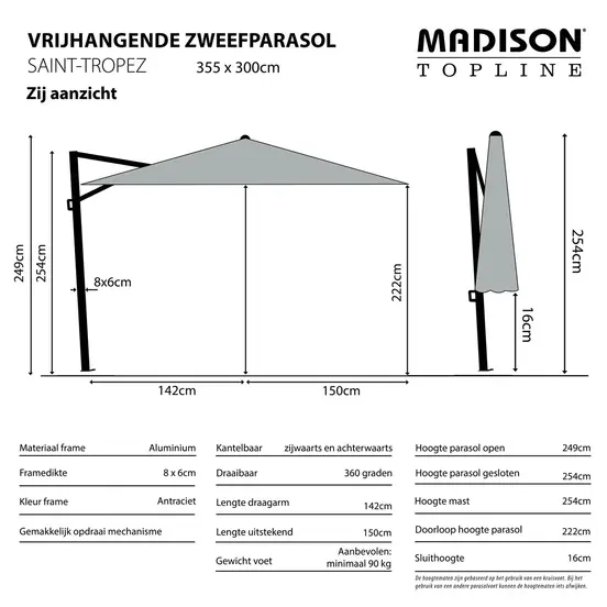 Parasol saint-tropez l355b300cm taupe specificaties, Madison, tuinmeubels