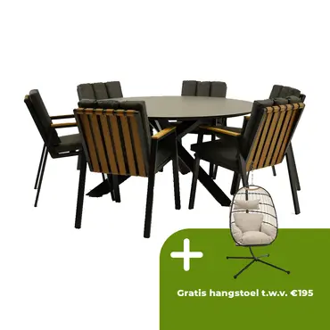 Tuintafel Rotonda met 6 Leather antraciet stoelen