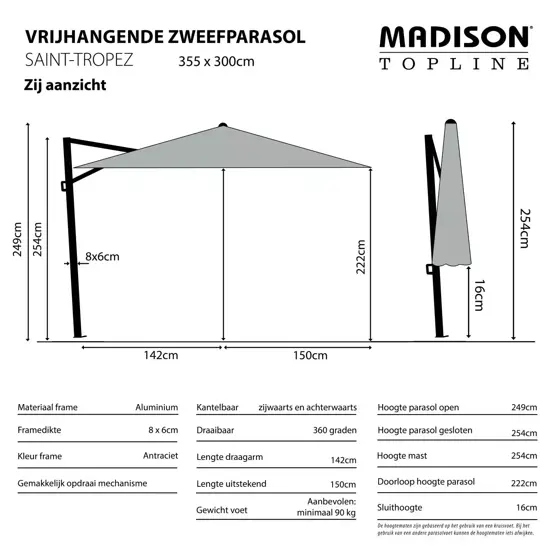 Zweefparasol Saint Tropez Grijs - Specificaties, Madison, Tuinmeubels